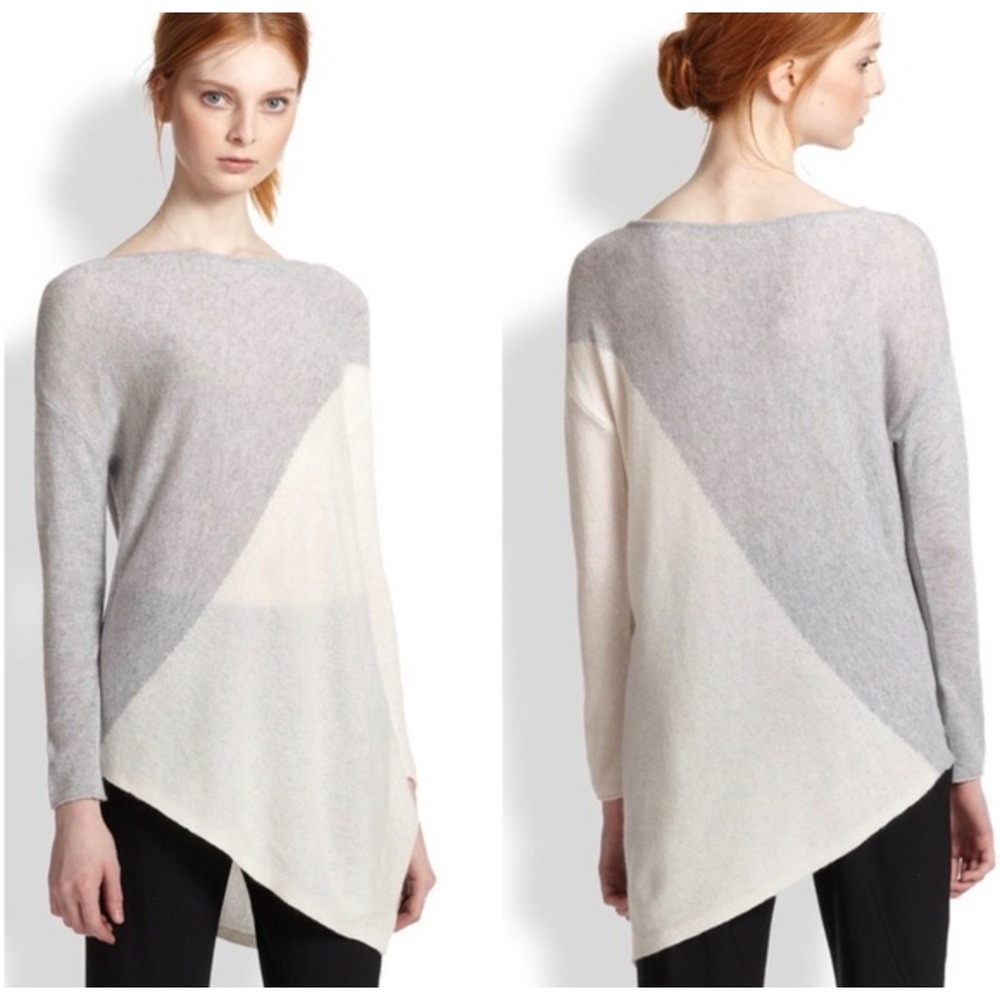 Alice + Olivia Sz Sm Base Layer Grey Cream Colorblock Asymmetrical Wool Sweater